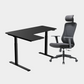 An L-shaped height-adjustable desk with a black tabletop and black legs and chair viewed from a front angle against a white background.