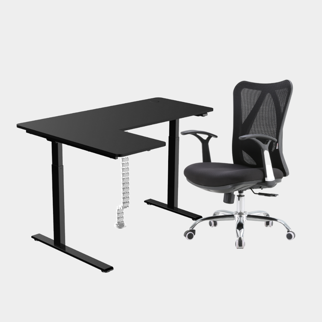 An L-shaped height-adjustable desk with a black tabletop and black legs, with white cable management and chair viewed from a front angle against a white background.