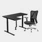 An L-shaped height-adjustable desk with a black tabletop and black legs, with black cable management and chair viewed from a front angle against a white background.