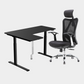 An L-shaped height-adjustable desk with a black tabletop and black legs, with white cable management and chair viewed from a front angle against a white background.