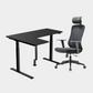 An L-shaped height-adjustable desk with a black tabletop and black legs, with black cable management and chair viewed from a front angle against a white background.