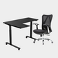 An L-shaped height-adjustable desk with a black tabletop and black legs and chair viewed from a front angle against a white background.