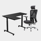 An L-shaped height-adjustable desk with a black tabletop and black legs, with black cable management and chair viewed from a front angle against a white background.