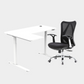 An L-shaped height-adjustable desk with a white tabletop and white legs  and chair viewed from a front angle against a white background.