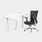 An L-shaped height-adjustable desk with a white tabletop and white legs, with grey cable management and chair viewed from a front angle against a white background.