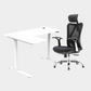 An L-shaped height-adjustable desk with a white tabletop and white legs and chair viewed from a front angle against a white background.