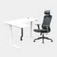 An L-shaped height-adjustable desk with a white tabletop and white legs, with black cable management and chair viewed from a front angle against a white background.