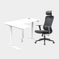 An L-shaped height-adjustable desk with a white tabletop and white legs, with grey cable management and chair viewed from a front angle against a white background.