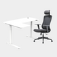 An L-shaped height-adjustable desk with a white tabletop and white legs and chair viewed from a front angle against a white background.