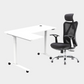 An L-shaped height-adjustable desk with a white tabletop and white legs and chair viewed from a front angle against a white background.