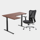 An L-shaped height-adjustable desk with a dark brown tabletop and black legs, viewed from a front angle against a white background.