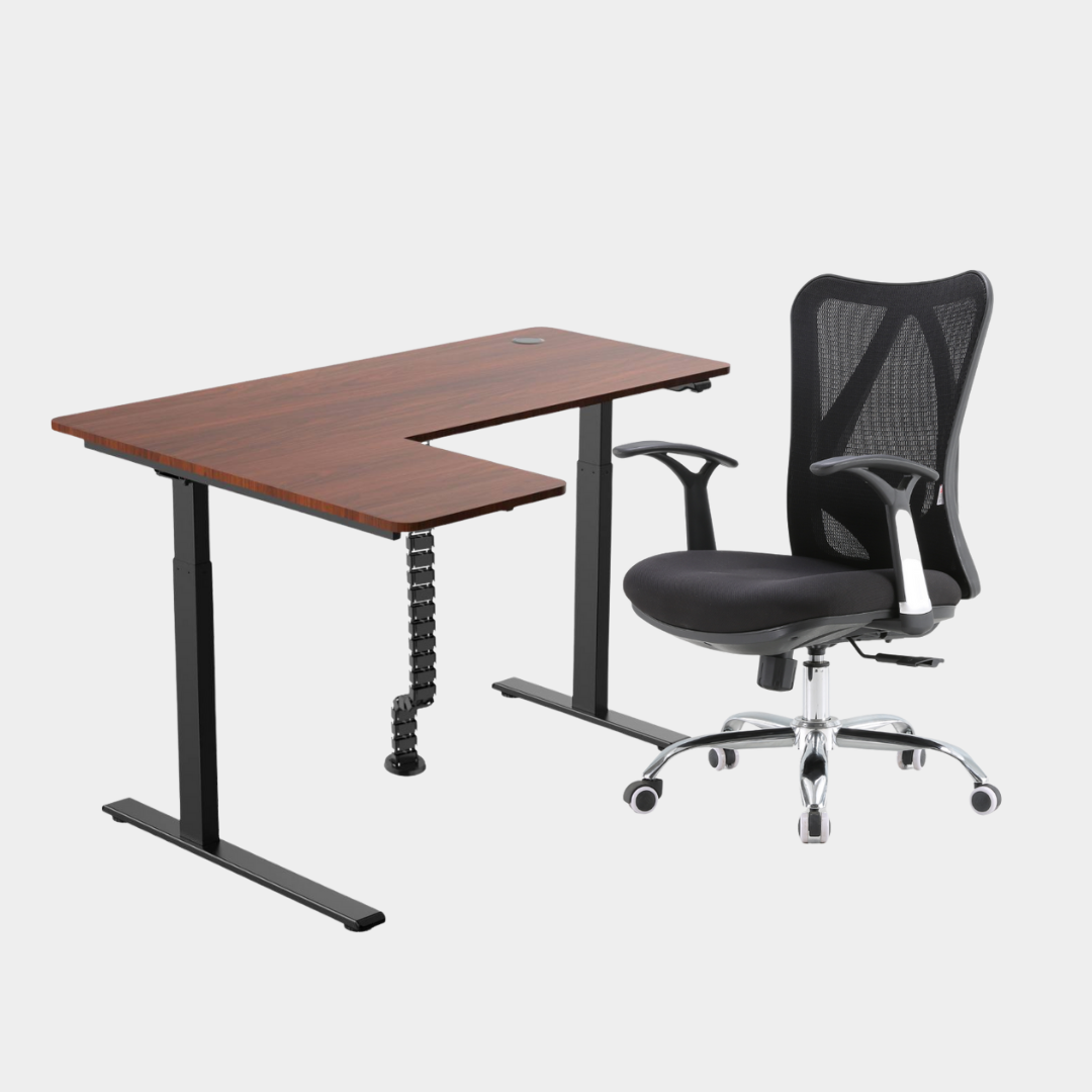 An L-shaped height-adjustable desk with a black tabletop and black legs, viewed from a front angle against a white background.