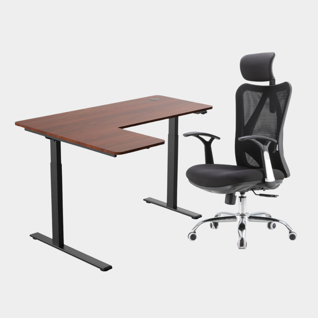 An L-shaped height-adjustable desk with a dark brown tabletop and black legs, viewed from a front angle against a white background.