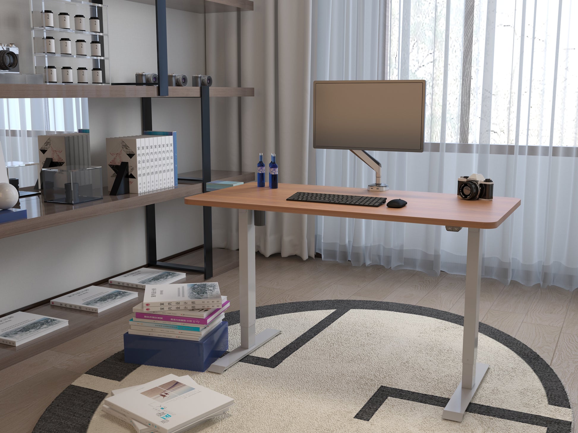 height adjustable desk in  dark brown and white with work station illustration
